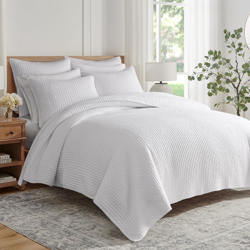 Levtex Home Cross Stitch Reversible Twin XL/Twin Quilt Set (68x86in) with 1 Pillow Sham (26x20in) - Stitch Texture - Bright White - Cotton Twin Size Quilt Bedding Set - Lightweight, Soft, Pre-Washed - Image 1